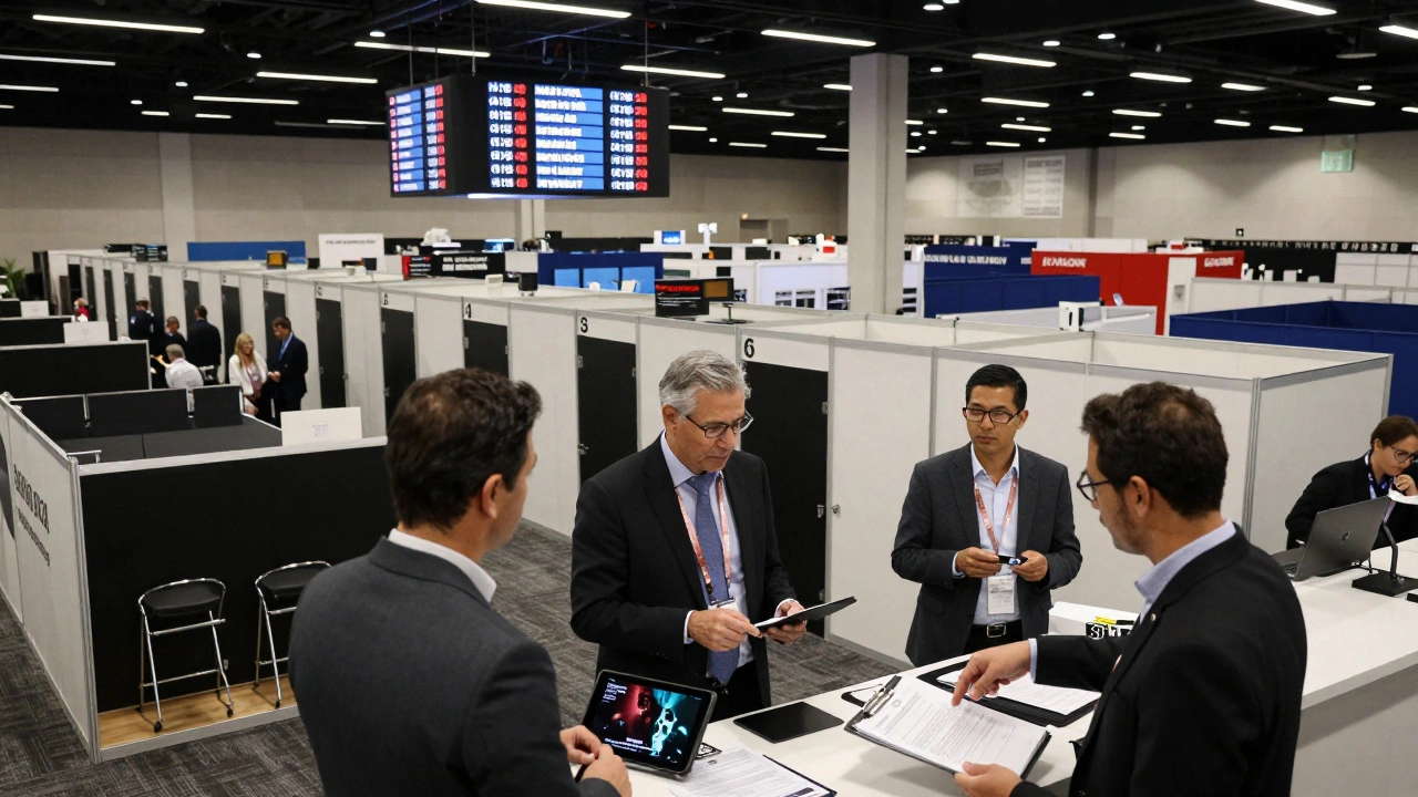 The bustling American Film Market exhibition floor filled with distributor booths, screening rooms, and industry professionals networking.