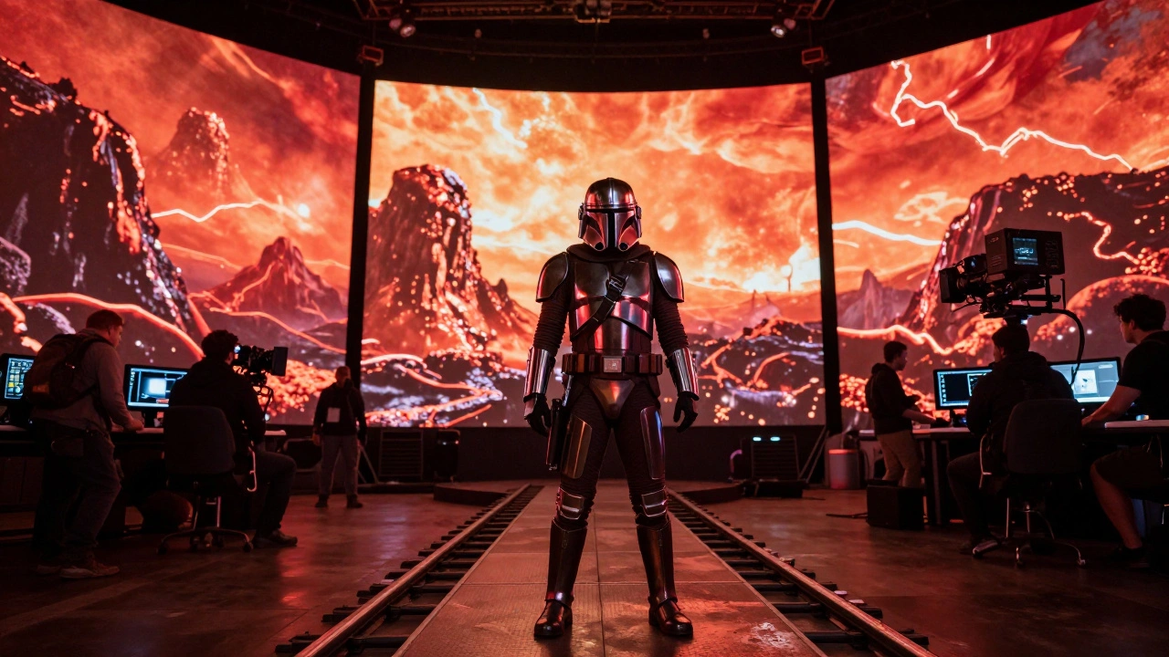 The Mandalorian crew filming inside LED volume with alien planet backdrop and stormtrooper actor.