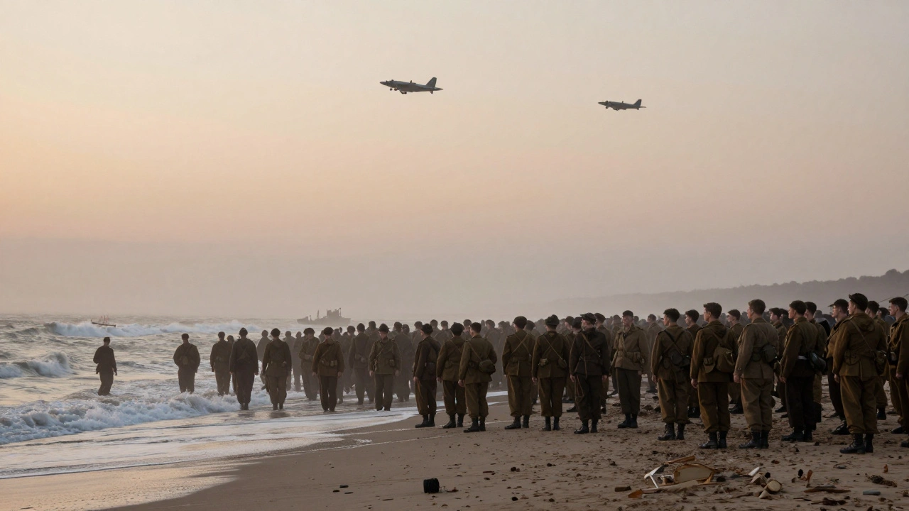 Thousands of soldiers on a foggy beach under attacking planes, silent and overwhelmed.