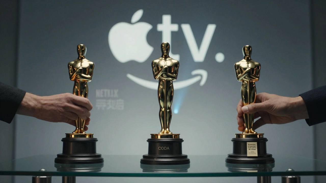 Three Oscar-winning streaming films represented by statuettes reflecting theater lobbies.