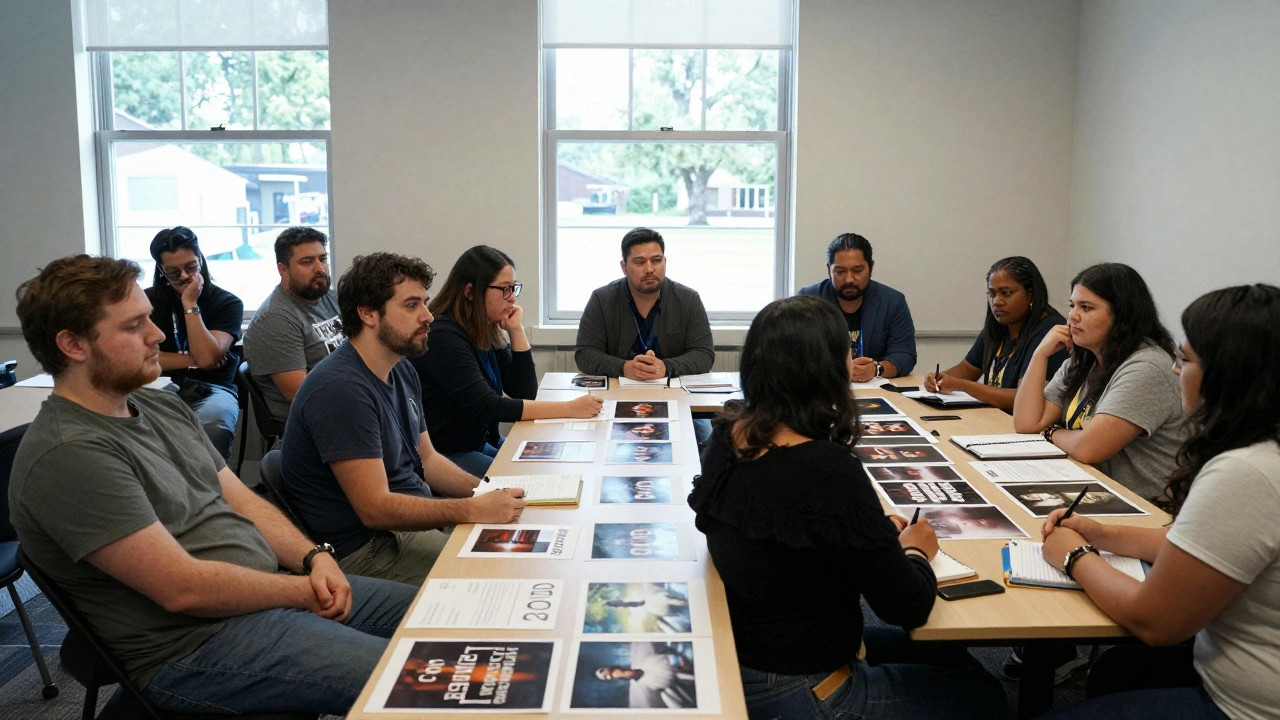 Three scenes showing biased, blind, and community-inclusive film selection processes.