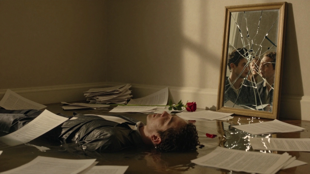 Three symbolic visuals: drowning papers, a wilting rose, and a cracked mirror reflecting two selves.