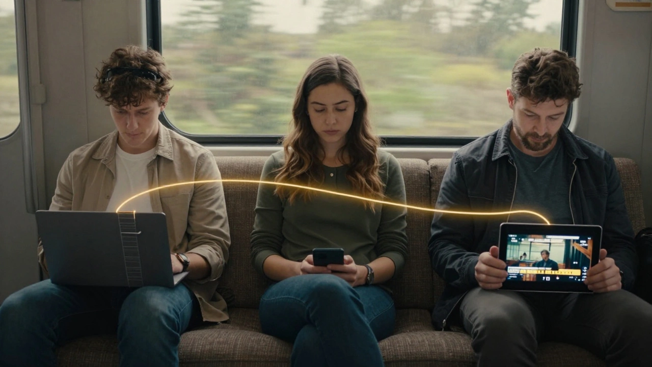 Three viewers in different settings, with a golden thread linking only those showing deep engagement with a film.