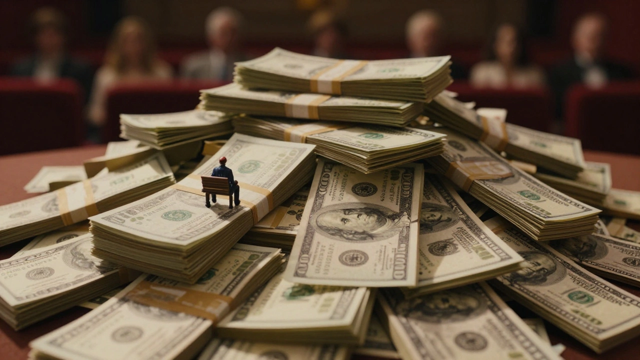Tiny cash stack versus huge profit pile in theater setting.