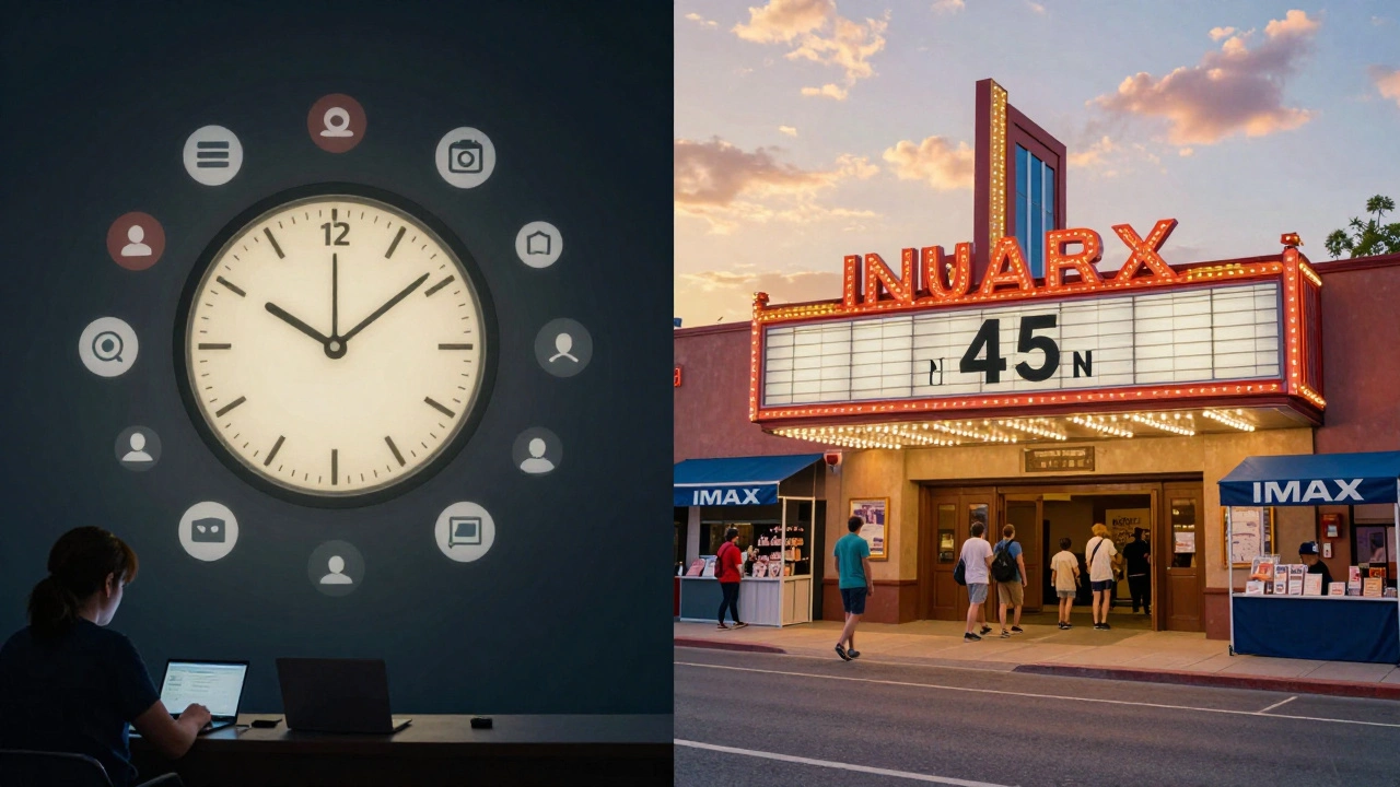 Two contrasting scenes: one showing a film quickly moving to streaming, the other showing a thriving long-running theatrical release.