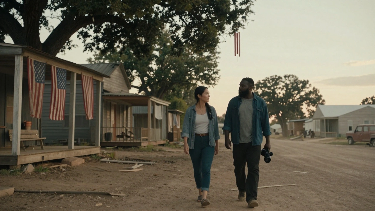 Two figures walk quietly through a rural Oklahoma town at dusk, surrounded by modest homes and soft golden light, capturing the intimate documentary style of Eternals: The Long Road Home.