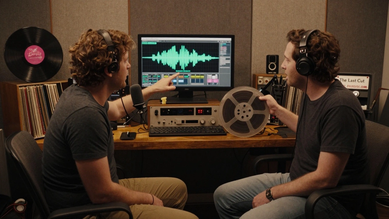 Two podcast hosts in a studio analyzing a silent moment from a film using audio waveforms and film reels.