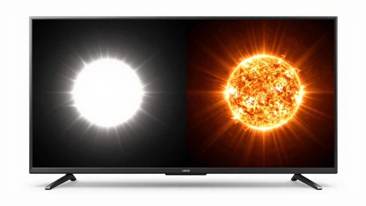 Two TVs side by side: one with clipped highlights, the other with detailed solar flare, demonstrating HDR10 vs Dolby Vision.