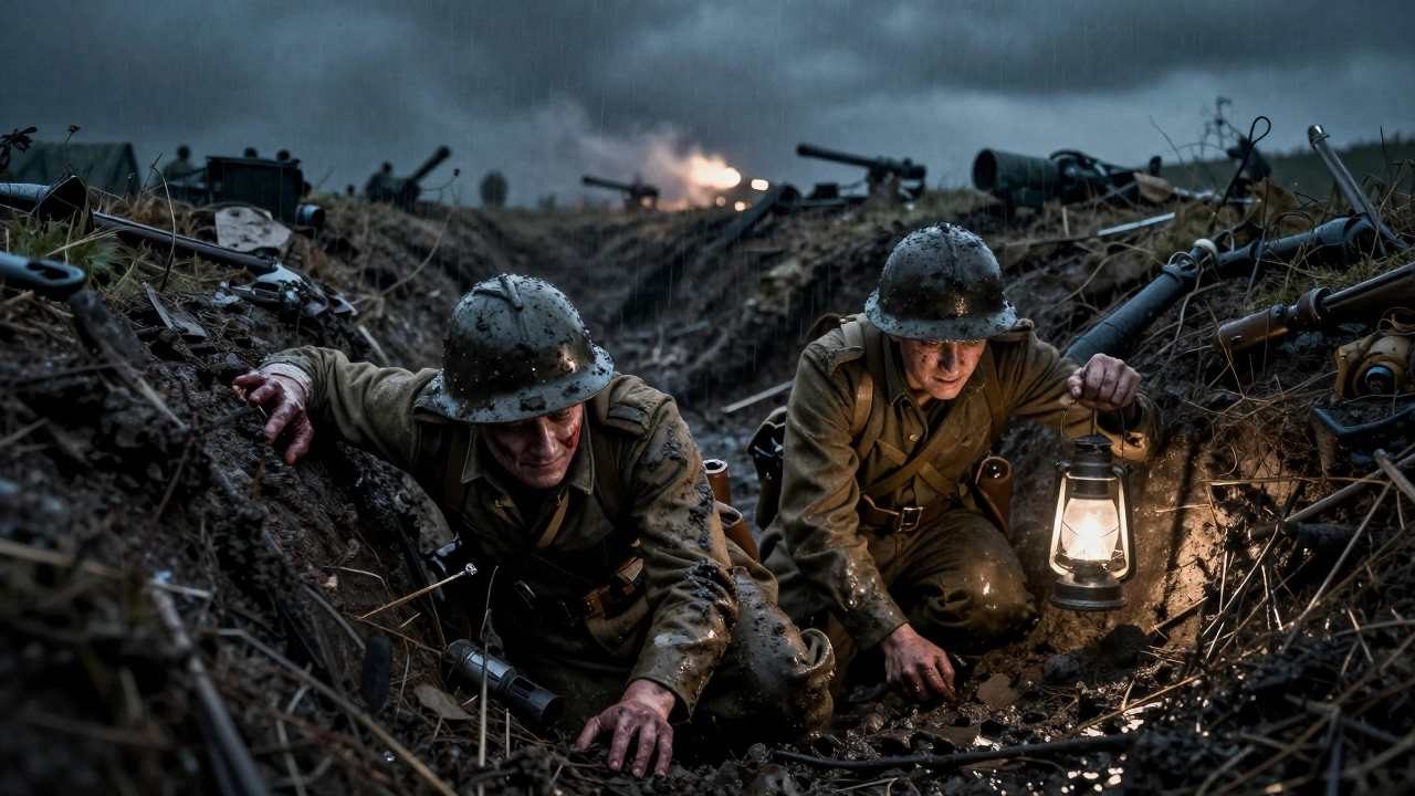 Two wounded soldiers crawl through a WWI trench, lantern light flickering amid corpses.