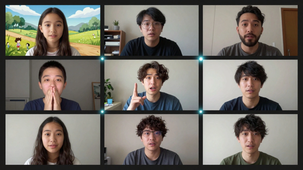 Voice actors from around the world connected via video call, their expressions influencing animated characters on screen in real time.