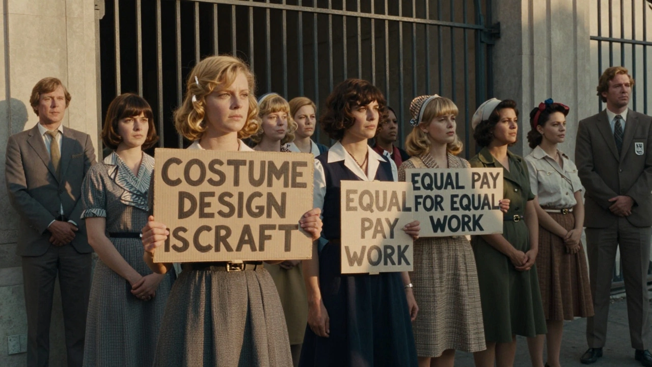 Women on strike in 1973 demanding equal pay and recognition for costume design as skilled labor.