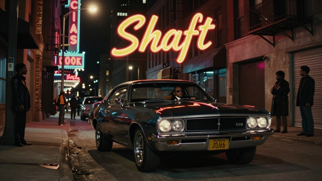 A Black driver in a 1970s muscle car speeds through a neon-lit city, symbolizing Blaxploitation cinema.