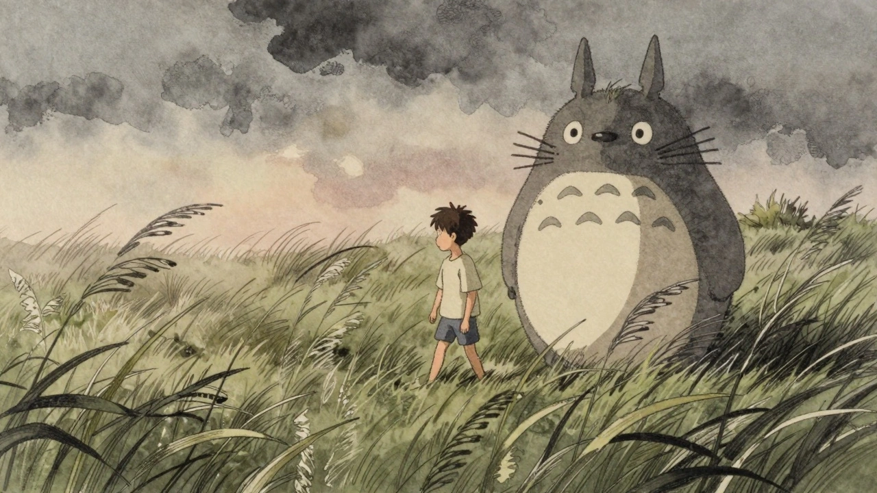 A boy walking through a hand-drawn field of tall grass under twilight, each blade uniquely textured.