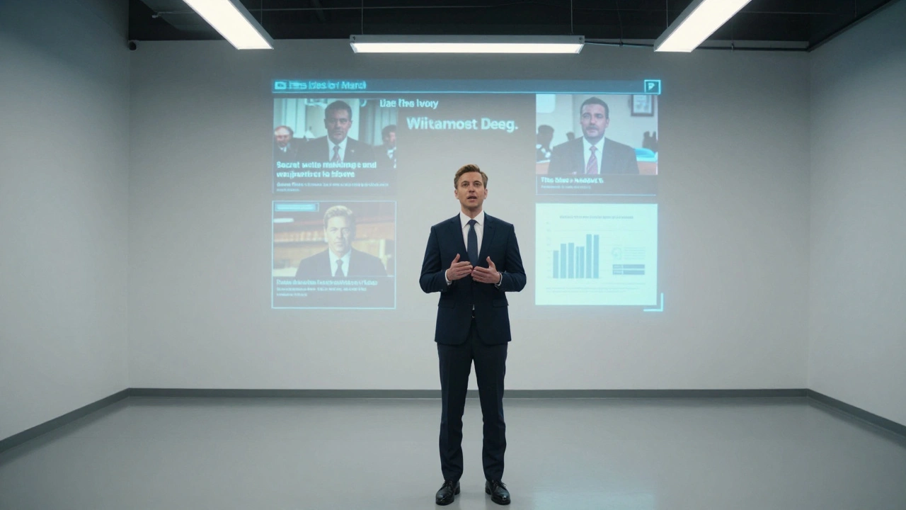 A campaign manager watches a politician's speech while behind him, hidden projections reveal secret deals and fake news.