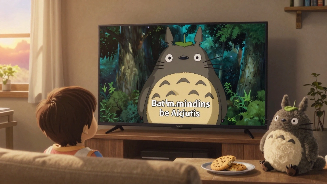 A child watching a dubbed Studio Ghibli film on TV, surrounded by familiar toys and warm home lighting.