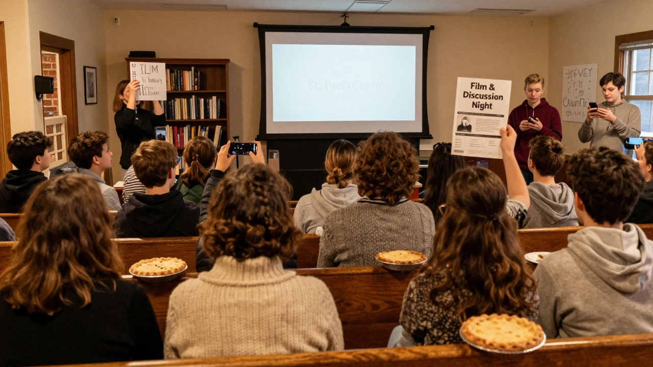 A church community gathers after a screening, sharing food and conversation around a film about a choir.