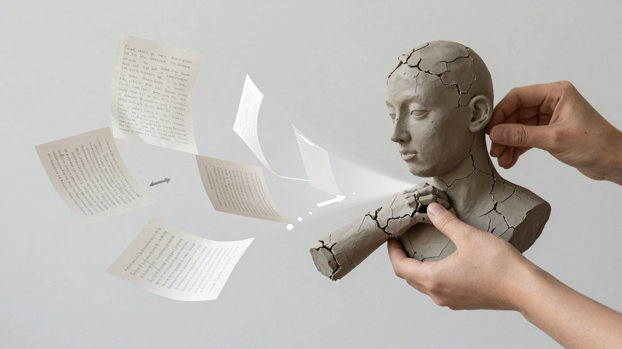 A clay sculpture being reshaped by invisible hands, surrounded by floating script notes and revision arrows.