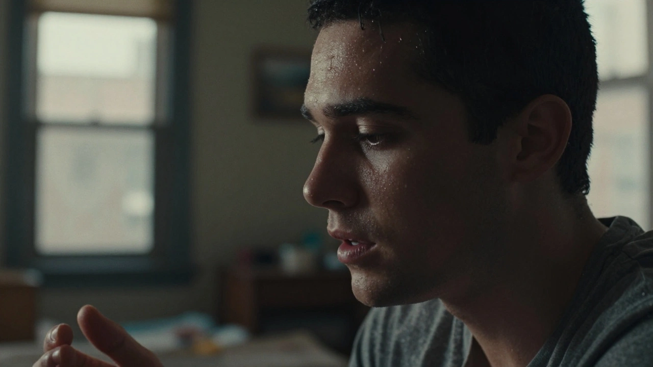 A close-up of a young man’s face in dim light, shallow focus blurring a cluttered room behind him.