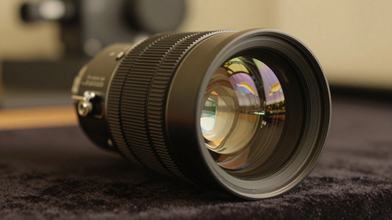 A close-up of an anamorphic cinema lens with oval light reflections on its glass surface.