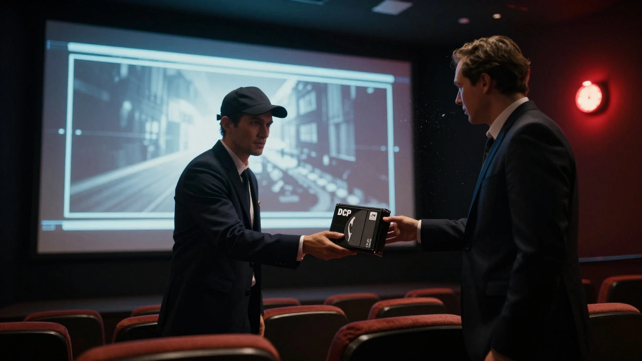 A courier delivers a DCP hard drive to a theater projectionist as a film screen freezes at midnight.