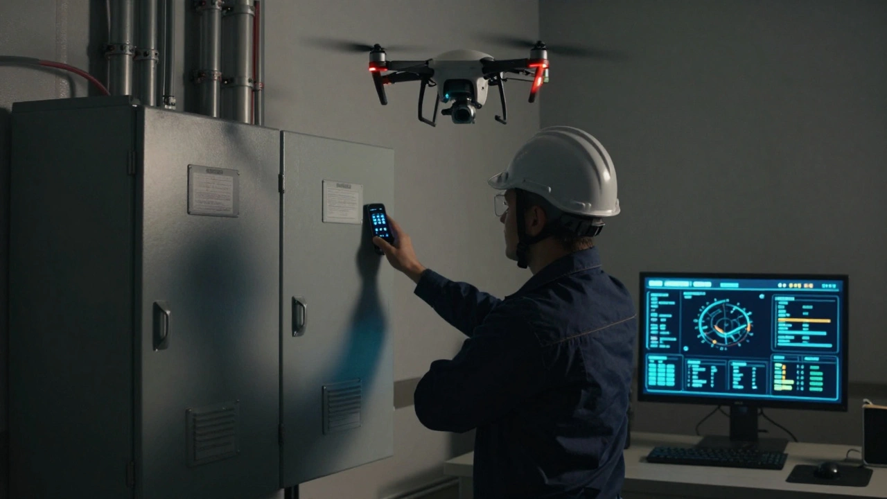 A crew member scans an electrical panel with a smart helmet as a drone checks rig integrity overhead.
