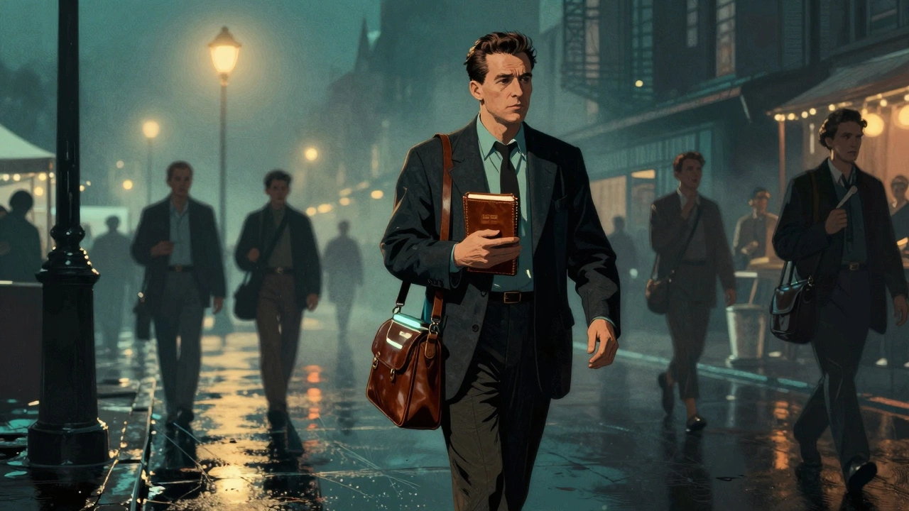 A critic walks through a foggy festival city at night, clutching a notebook, others passing silently in the background.