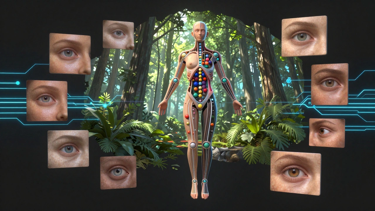 A cross-section of a digital character rig with control spheres and floating texture maps.