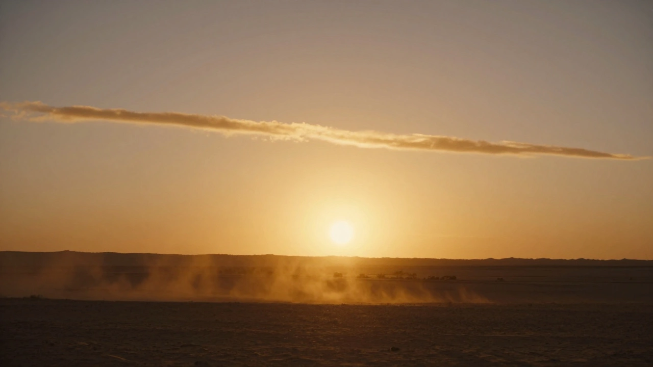 A desert sunset with a long horizontal lens flare stretching across the sky in a 2.39:1 aspect ratio.