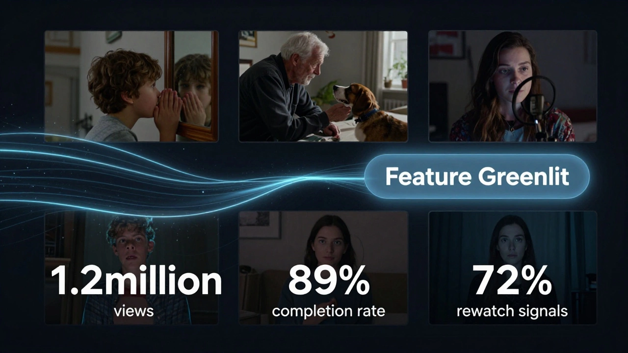 A digital analytics dashboard shows high viewer engagement for short films, with emotional stills connected by a glowing path to a feature film approval.