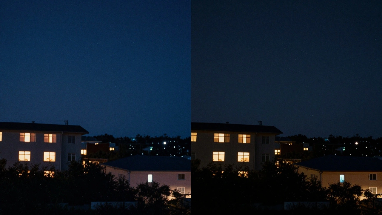 A digital color grade transforming a daylight shot into night with darkened sky, glowing windows, and added stars.