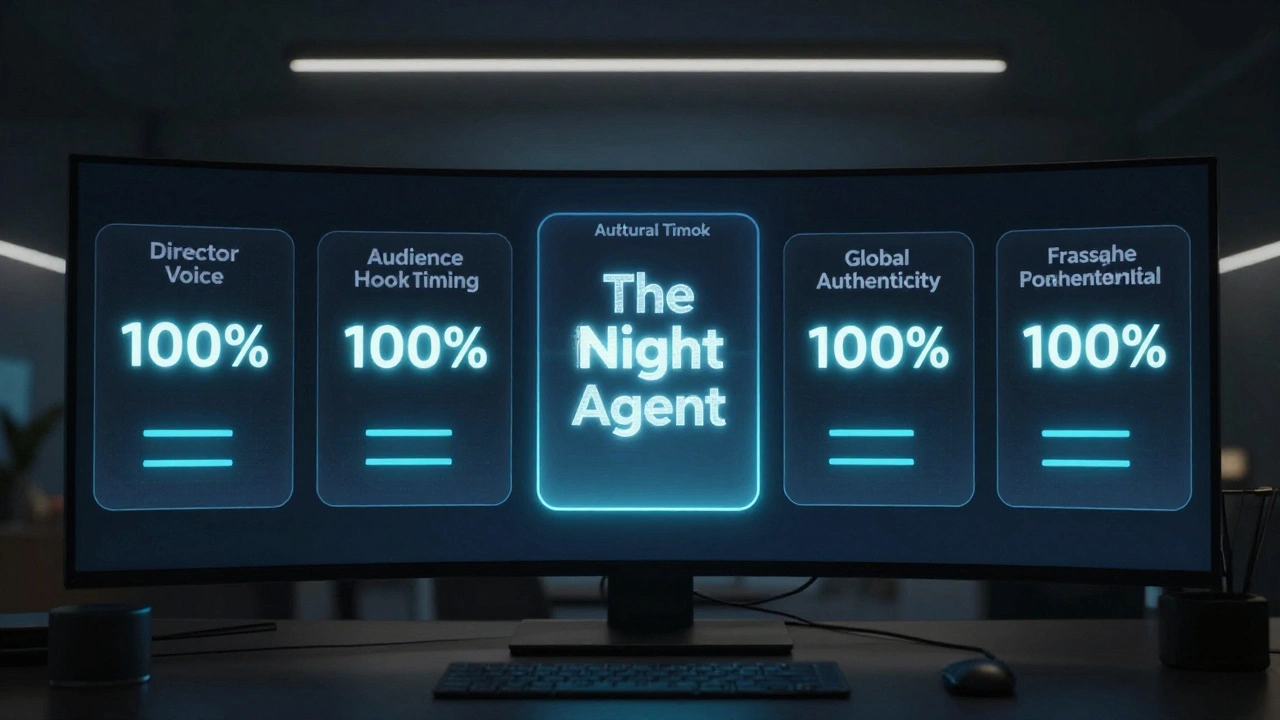 A digital dashboard showing five key metrics all at maximum for a hit film.