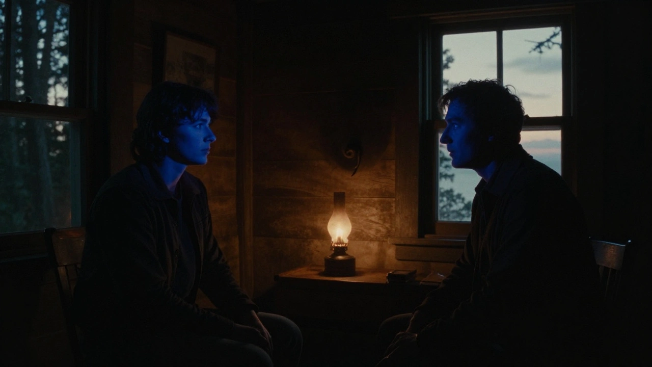A dim, grainy cabin interior lit by a single lamp, captured in-camera with blue gels to create a night atmosphere.