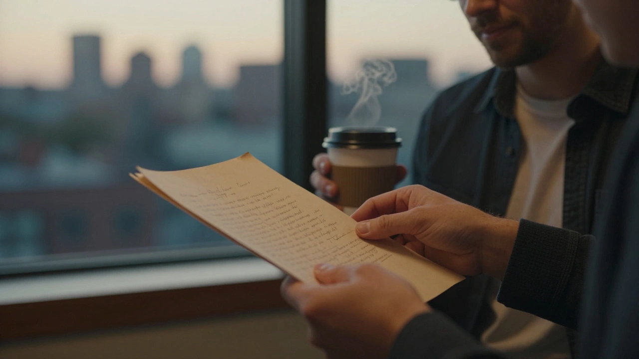 A director hands an actor a personal document, symbolizing trust and emotional connection before filming.