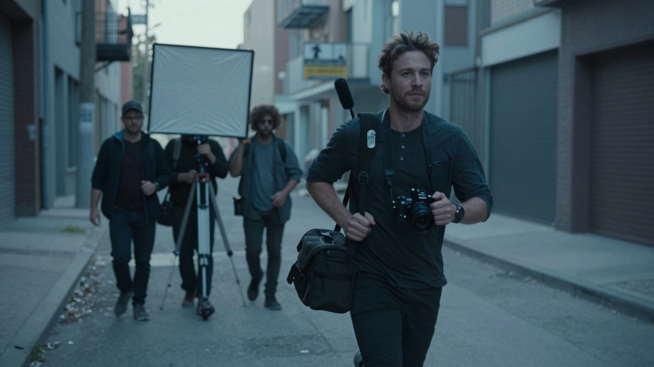A director runs through an alley at dawn with a camera bag, crew following behind.