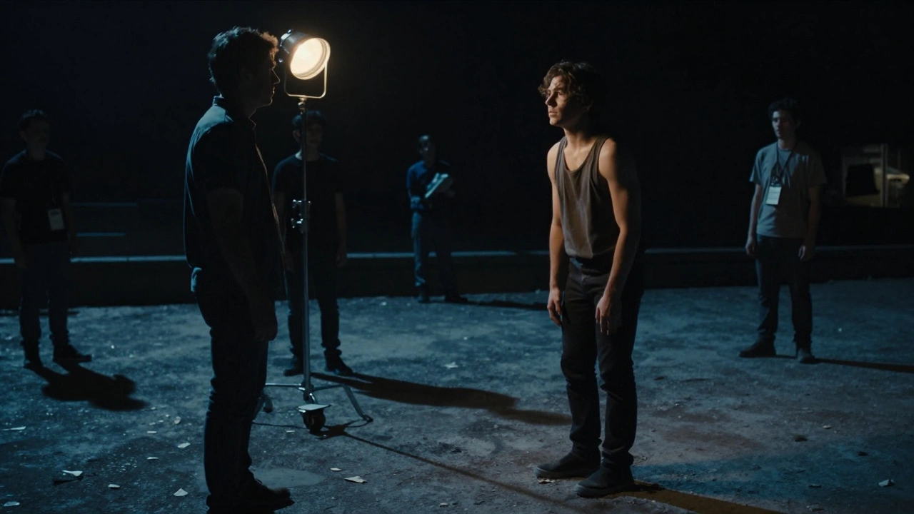 A director silently watches an actor during a powerful film take, bathed in dramatic shadow and single light.