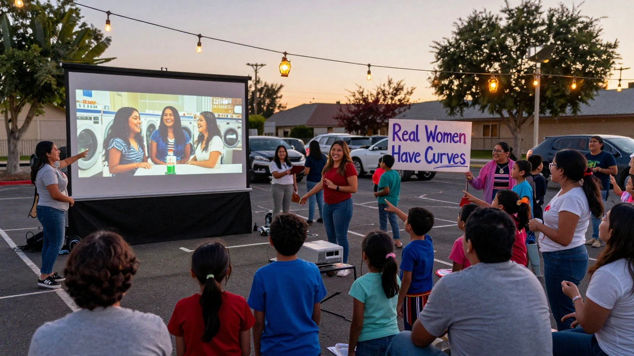 A diverse crowd watches a film screening in a parking lot under string lights, a Latina filmmaker beside the projector.