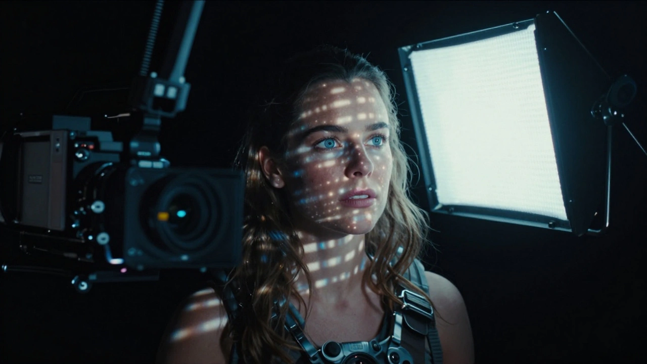 A face illuminated by shifting LED lights in deep space, simulating sunlight in zero gravity.