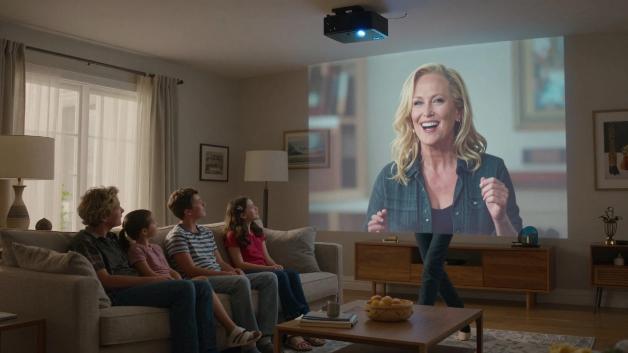 A family in a living room interacted with by a full-sized hologram of an actress, preserved in perfect detail.