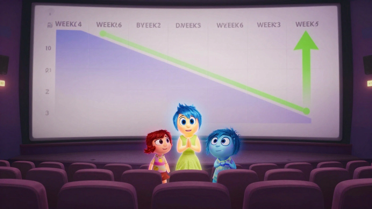 A family watches a movie in a theater as a transparent timeline shows steady weekly earnings over ten weeks.