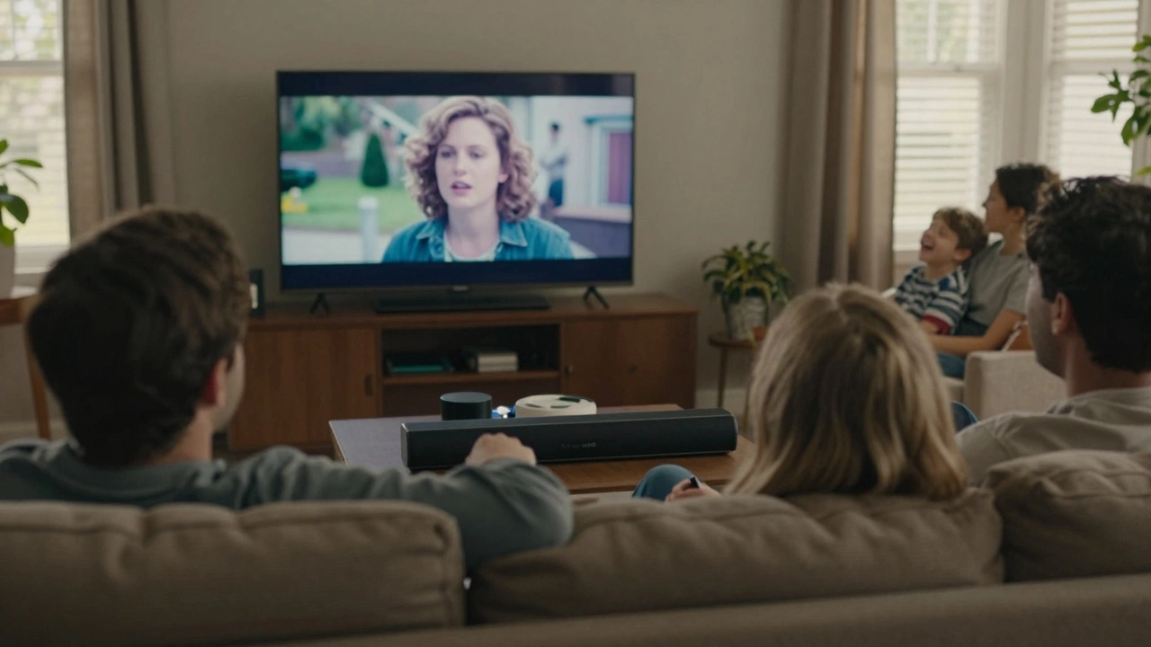 A family watching a film on a home TV with clear dialogue and restrained bass in a cozy living room setting.