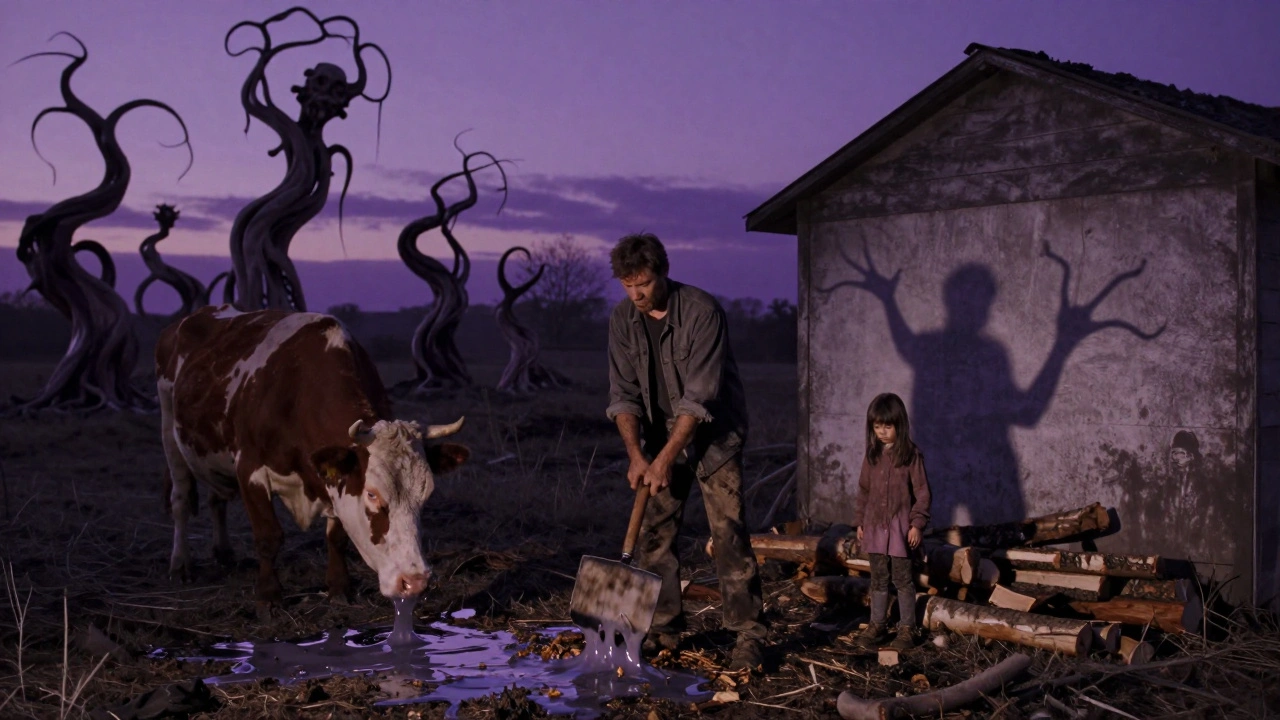 A farm at dusk, sky purple, trees twisted into fleshy forms, a man calmly chopping wood as reality decays around him.