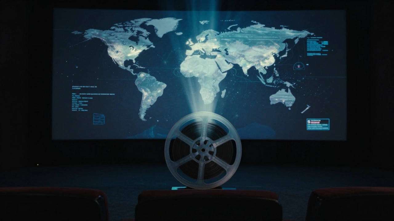 A film reel projecting on a theater screen with invisible watermarks and global copyright map overlay.