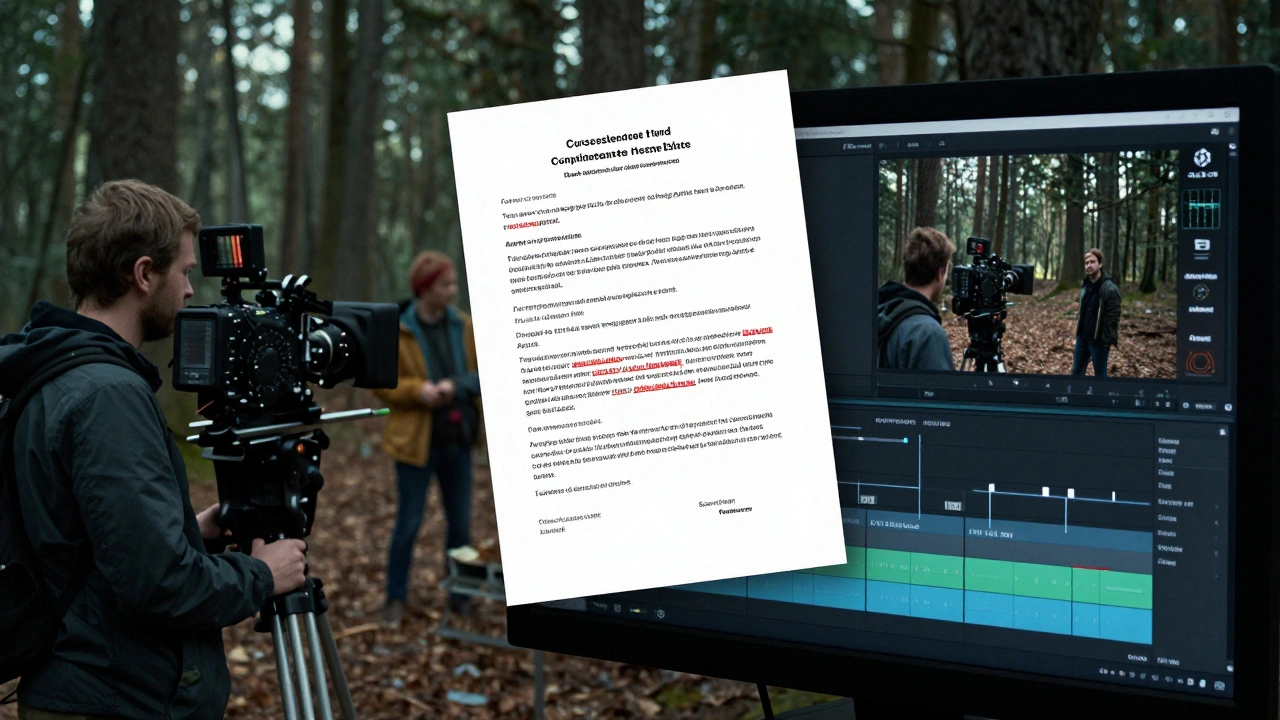 A film scene being shot in one country and edited in another, with copyright agreement floating between them.