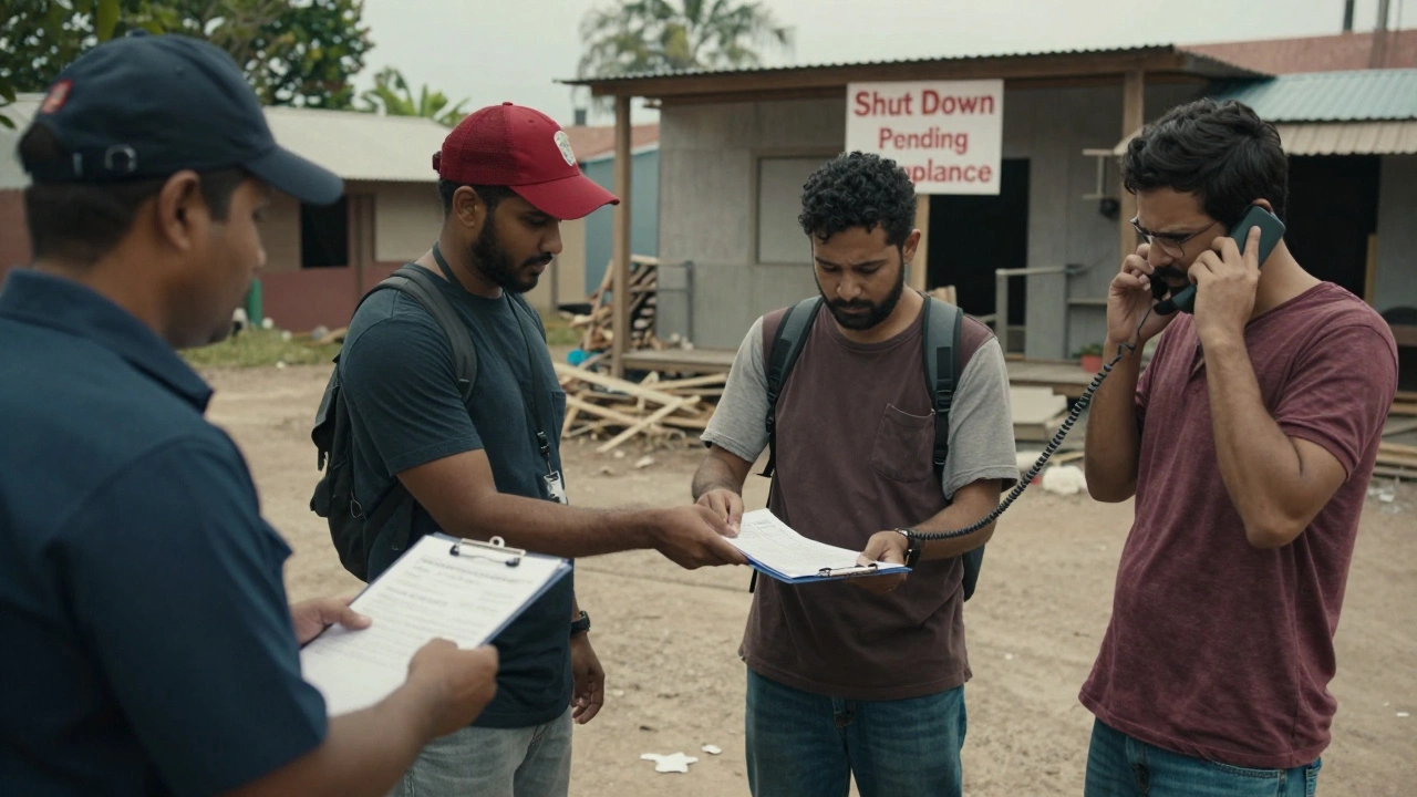 A film set being shut down by local officials due to missing work permits and compliance issues.