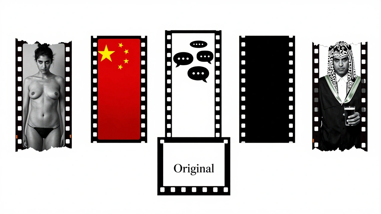 A filmstrip splitting into five paths, each representing how censorship alters content in different nations.