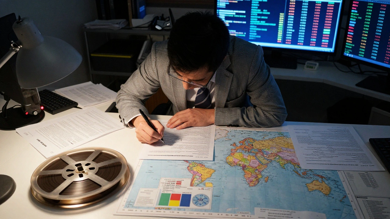 A financial analyst monitors global currency fluctuations while handling film rights documents.
