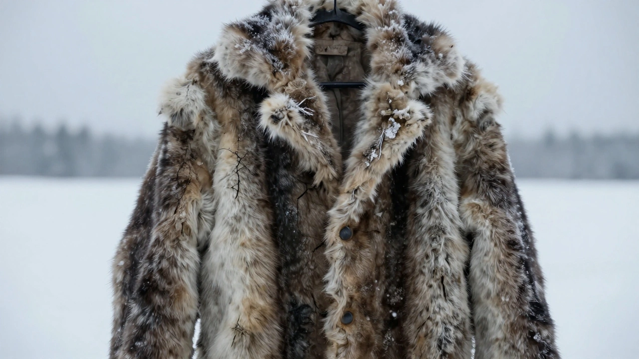 A frost-covered fur coat with cracks and dried mud, hanging in a snowy environment.
