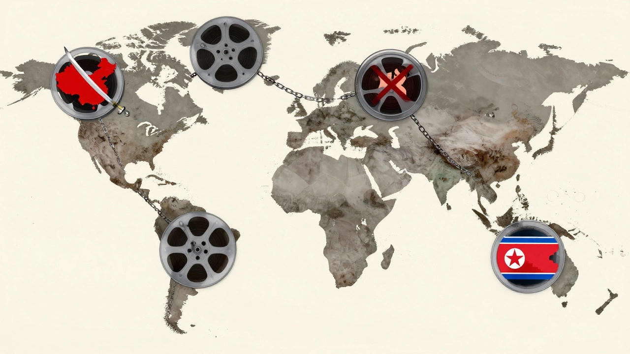 A global map connected by film reels showing censored scenes from different countries.