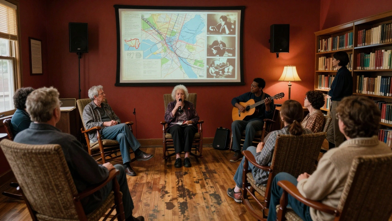 A group listening to an elder's voice in a library, with historical photos and a blues guitarist nearby.
