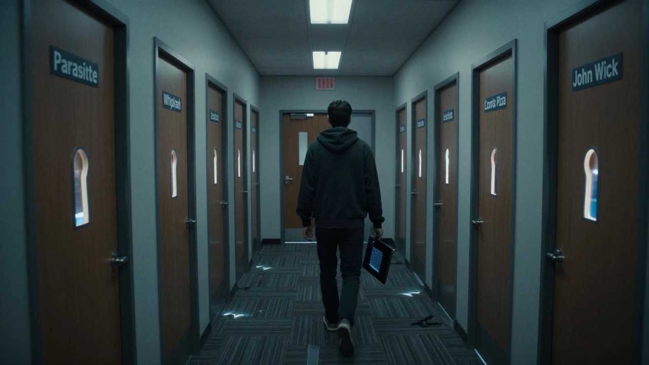 A hallway of doors labeled with famous spec scripts, a lone writer walking toward the last door holding a laptop.